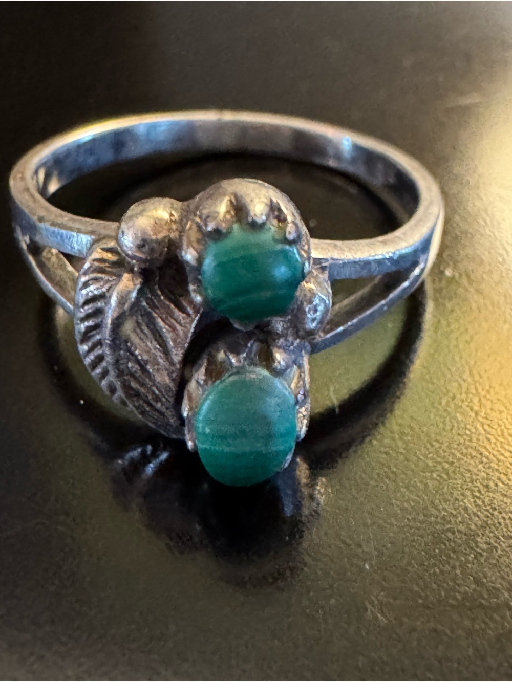 Silver Leaf Ring with Malachite Cabochon Stones